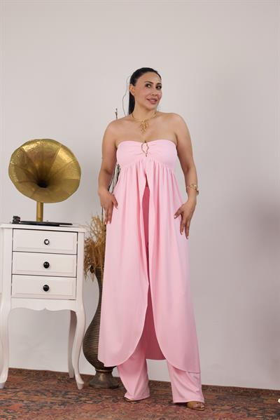 Gold Metal Detaylı Straplez Tunik Pantolon Takım