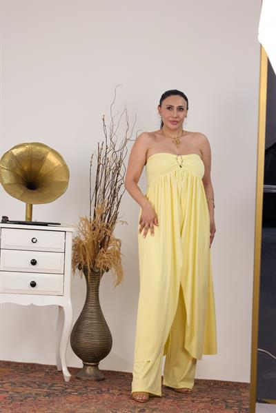 Gold Metal Detaylı Straplez Tunik Pantolon Takım