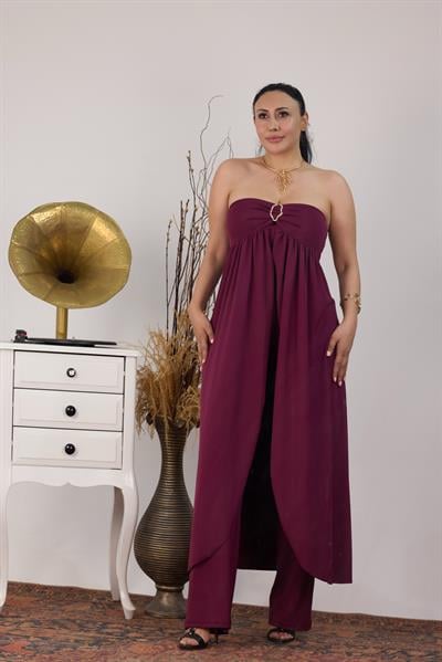 Gold Metal Detaylı Straplez Tunik Pantolon Takım