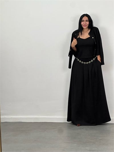 Hırka, Bluz & Pileli Maxi Etek 3lü Takım