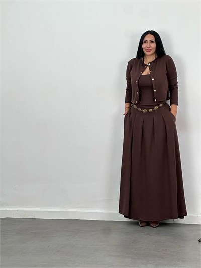 Hırka, Bluz & Pileli Maxi Etek 3lü Takım