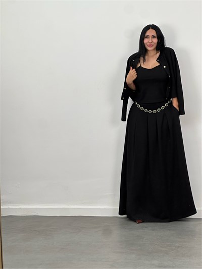 Hırka, Bluz & Pileli Maxi Etek 3lü Takım