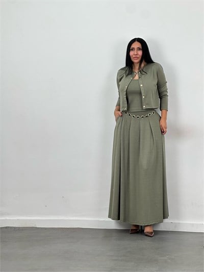 Hırka, Bluz & Pileli Maxi Etek 3lü Takım