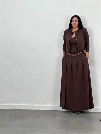 Hırka, Bluz & Pileli Maxi Etek 3lü Takım