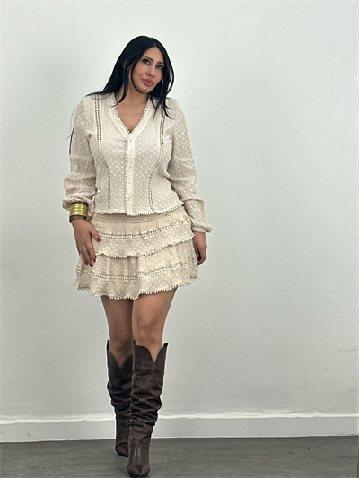 Keten Volanlı Yüksek Bel Etek & Bluz Takım