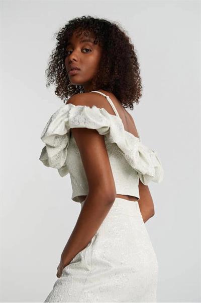 Özel Tasarım Volanlı Crop Top Parlak Gümüş Renk