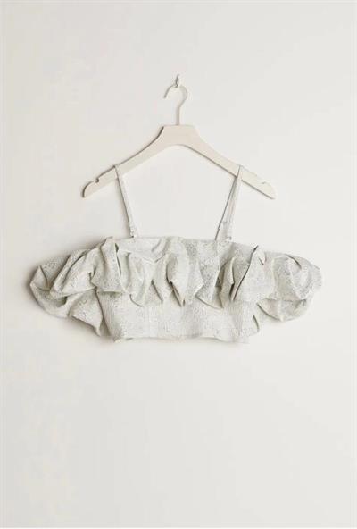 Özel Tasarım Volanlı Crop Top Parlak Gümüş Renk