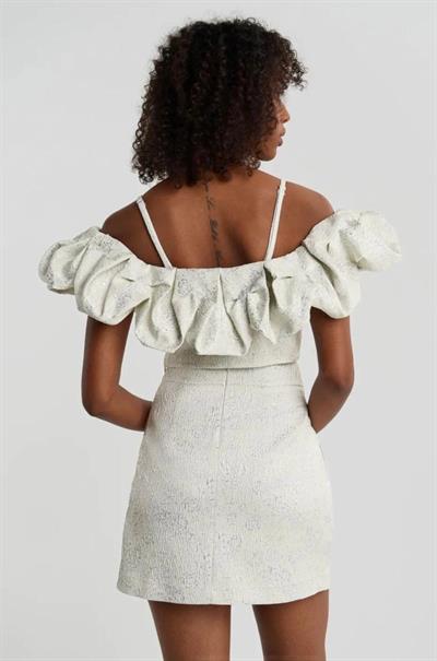 Özel Tasarım Volanlı Crop Top Parlak Gümüş Renk