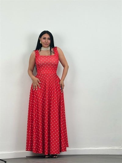 Puantiyeli Scuba Maxi Elbise (Kuşaklı)