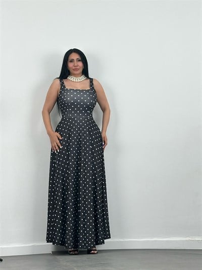 Puantiyeli Scuba Maxi Elbise (Kuşaklı)