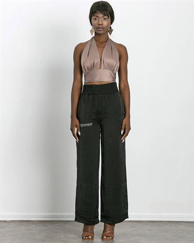 Sırt Dekolteli, Boyundan Bağlamalı Saten Büstiyer Kahverengi 