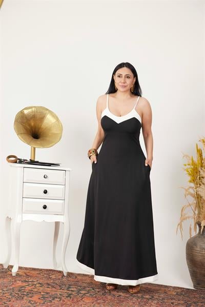 Siyah-Beyaz Askılı Maxi Elbise