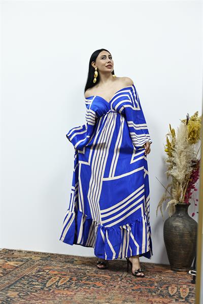 Geometrik Desenli Tok Saten Maxi Elbise