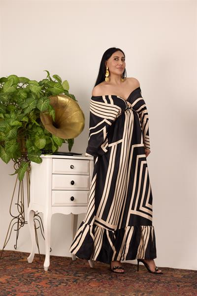 Geometrik Desenli Tok Saten Maxi Elbise