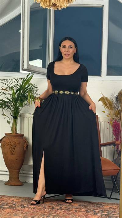 Siyah Penye Viskon Maxi Elbise – Günlük Rahat Giy-Çık