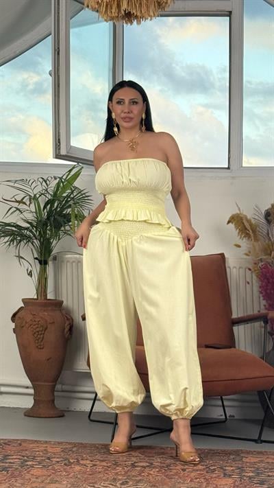 Straplez Büzgülü Bol Paça Takım