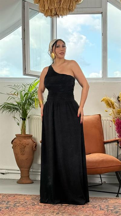 Tek Omuz Drapeli Maxi Elbise – Nar Çiçeği & Siyah