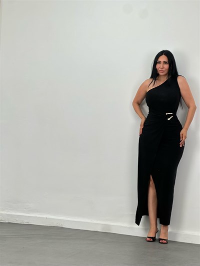 Tek Omuz Drapeli Tokalı Maxi Elbise
