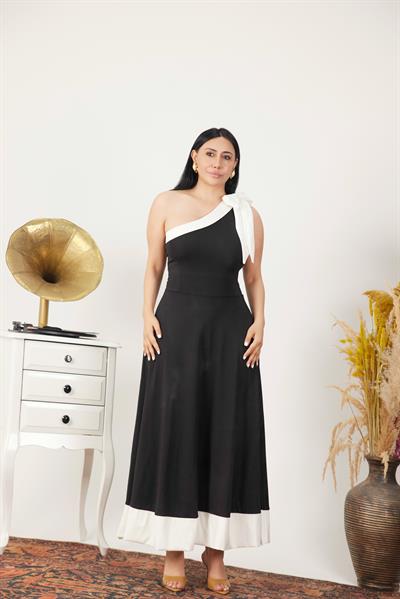 Tek Omuz Fiyonk Detaylı Siyah-Beyaz Scuba Elbise