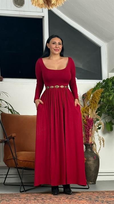 U Yaka Yırtmaçlı Maxi Elbise