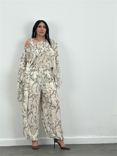 Yılan Derisi Desenli Şifon Takım – Şalvar Pantolon & Yarasa Kol Bluz
