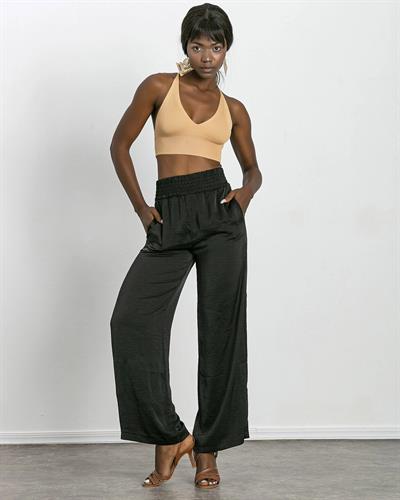 Yüksek Bel Saten Pantolon Siyah Renk