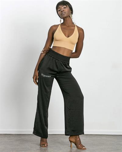 Yüksek Bel Saten Pantolon Siyah Renk