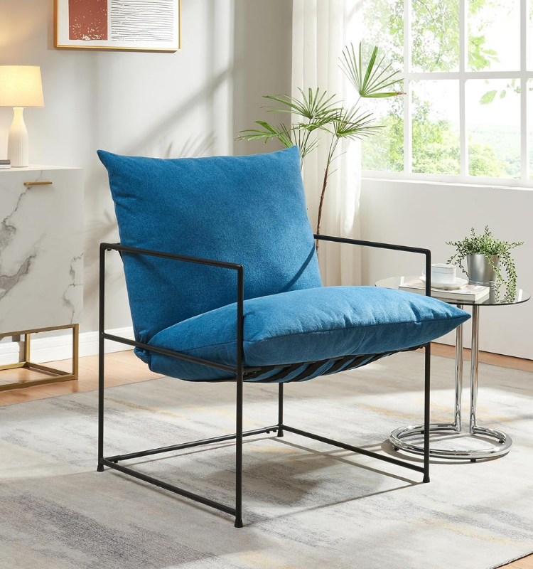 SLLER Modern Tasarım Portatif Berjer, Metal İskeletli Şık , Zarif Tasarım Tekli Koltuk Dolgulu Minder (MAVİ)