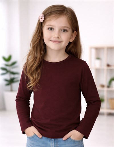 Basic Çocuk Bordo Uzun Kol T-shirt