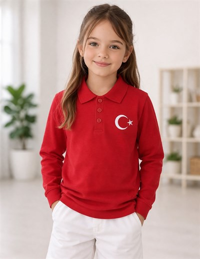Polo Yaka Türkiye Kırmızı Uzun Kollu Çocuk T-shirt