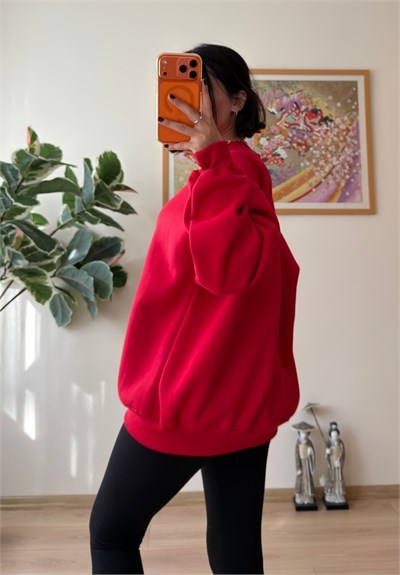 3 İplik Bisiklet Yaka Oversize Sweatshirt Kırmızı