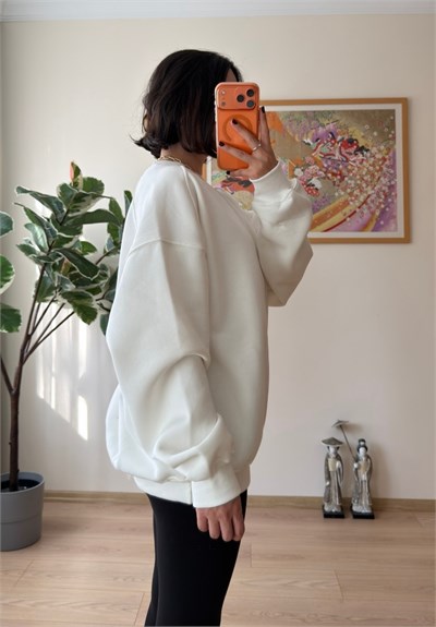 3 İplik Bisiklet Yaka Oversize Sweatshirt Beyaz