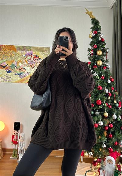 Alisa Desenli Uzun Triko Kazak Acı Kahve