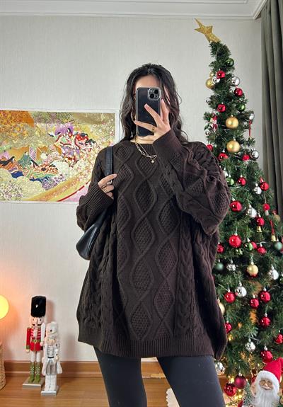 Alisa Desenli Uzun Triko Kazak Acı Kahve
