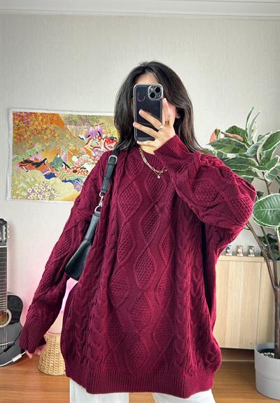 Alisa Desenli Uzun Triko Kazak Bordo