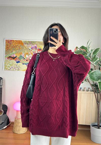 Alisa Desenli Uzun Triko Kazak Bordo