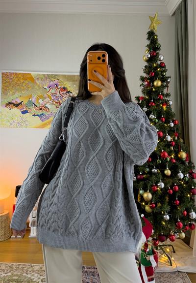 Alisa Desenli Uzun Triko Kazak Gri