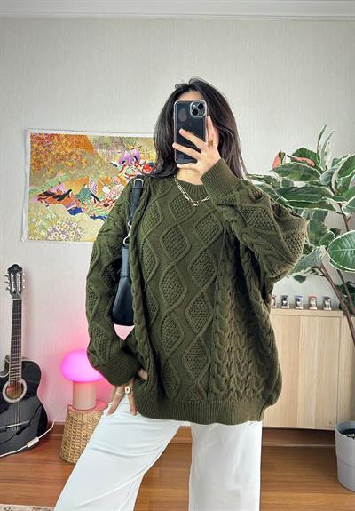 Alisa Desenli Uzun Triko Kazak Haki