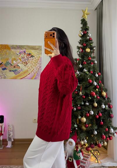 Alisa Desenli Uzun Triko Kazak Kırmızı
