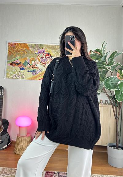 Alisa Desenli Uzun Triko Kazak Siyah