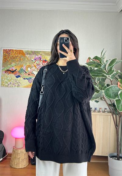 Alisa Desenli Uzun Triko Kazak Siyah