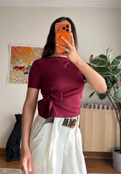 Asira Yan Bağlamalı T-Shirt Bordo