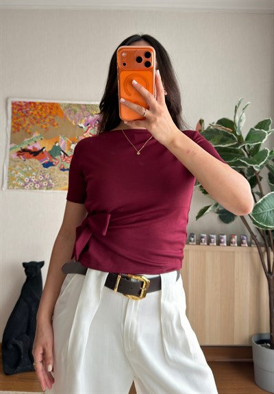 Asira Yan Bağlamalı T-Shirt Bordo