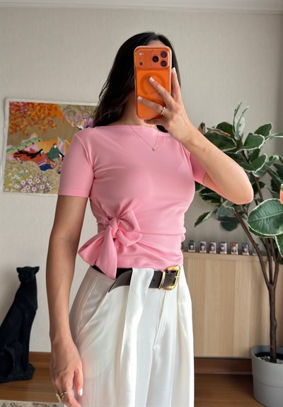 Asira Yan Bağlamalı T-Shirt Pembe