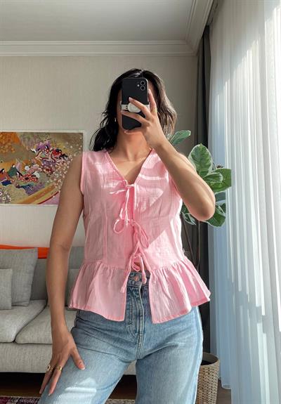 Baika Önü Bağlamalı Kolsuz Bluz Pembe