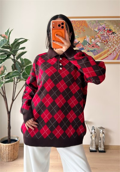 Baklava Desenli Polo Yaka Oversize Kazak Kahve