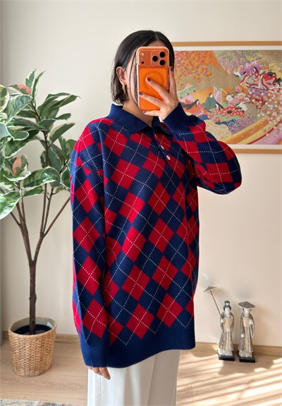 Baklava Desenli Polo Yaka Oversize Kazak Lacivert