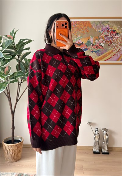 Baklava Desenli Polo Yaka Oversize Kazak Kahve
