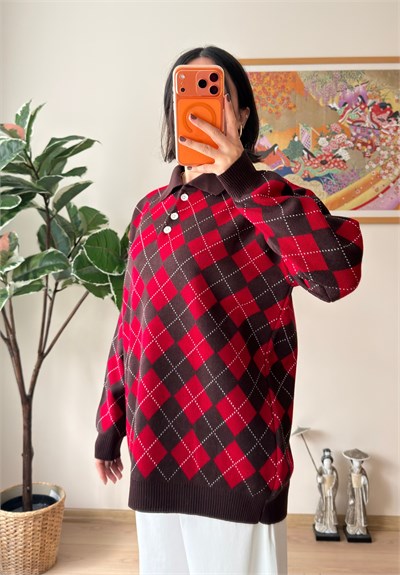 Baklava Desenli Polo Yaka Oversize Kazak Kahve