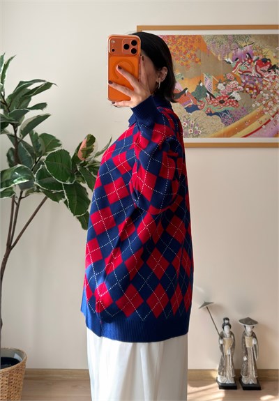 Baklava Desenli Polo Yaka Oversize Kazak Lacivert
